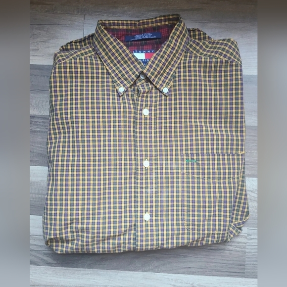 Vintage Tommy Hilfiger Long Sleeve Shirt Gold/Brown Plaid Large Logo Size Large - Picture 2 of 14